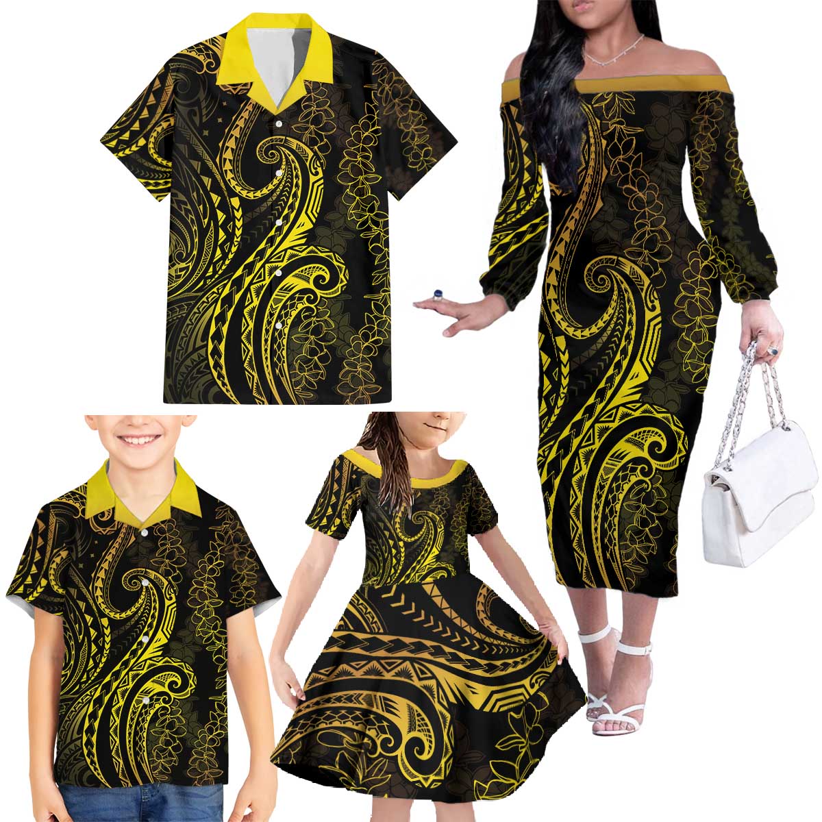 Polynesia Plumeria Lei Family Matching Off The Shoulder Long Sleeve Dress and Hawaiian Shirt Black Gold Curves Motif LT7 - Polynesian Pride