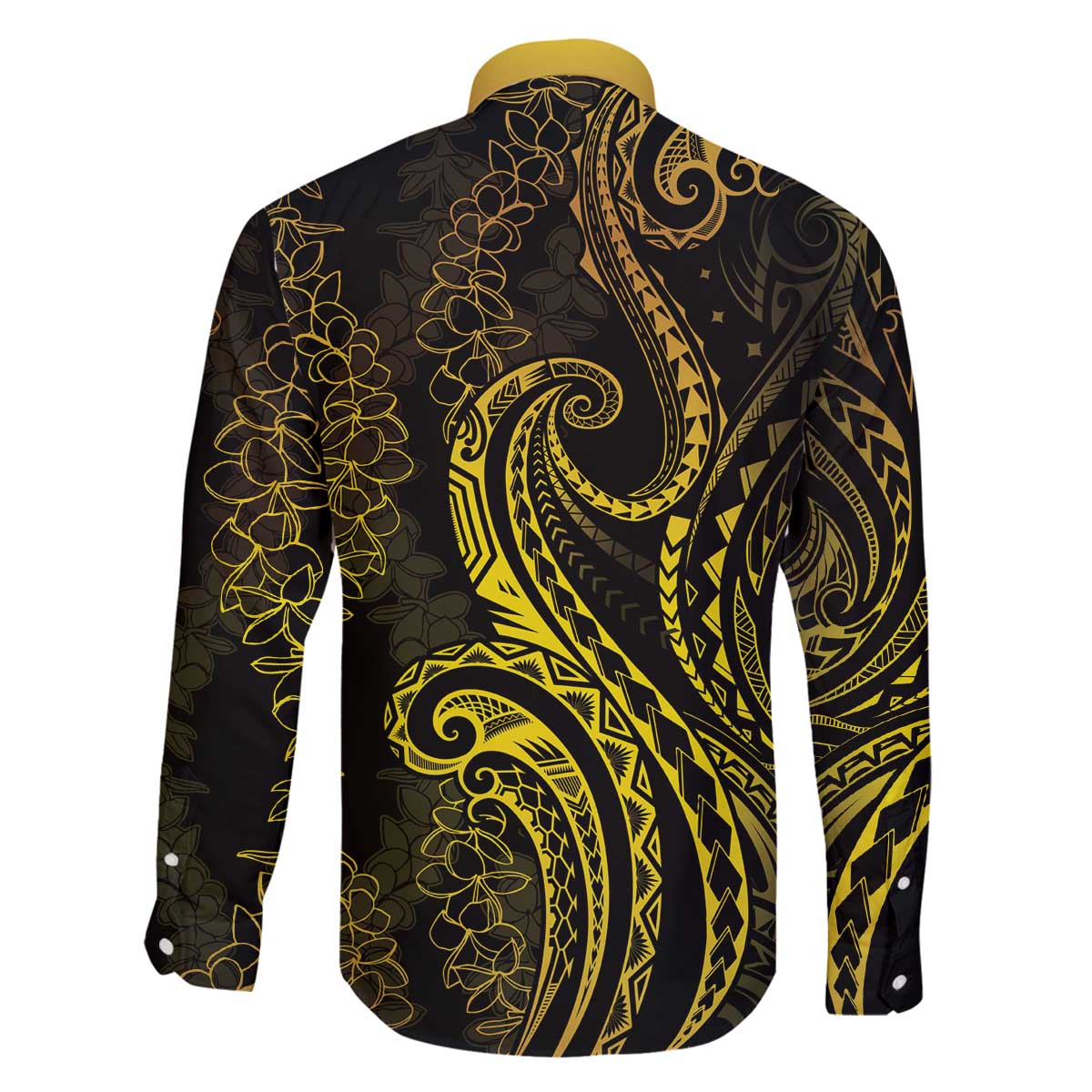 Polynesia Plumeria Lei Family Matching Off The Shoulder Long Sleeve Dress and Hawaiian Shirt Black Gold Curves Motif