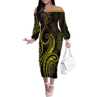 Polynesia Plumeria Lei Family Matching Off The Shoulder Long Sleeve Dress and Hawaiian Shirt Black Gold Curves Motif