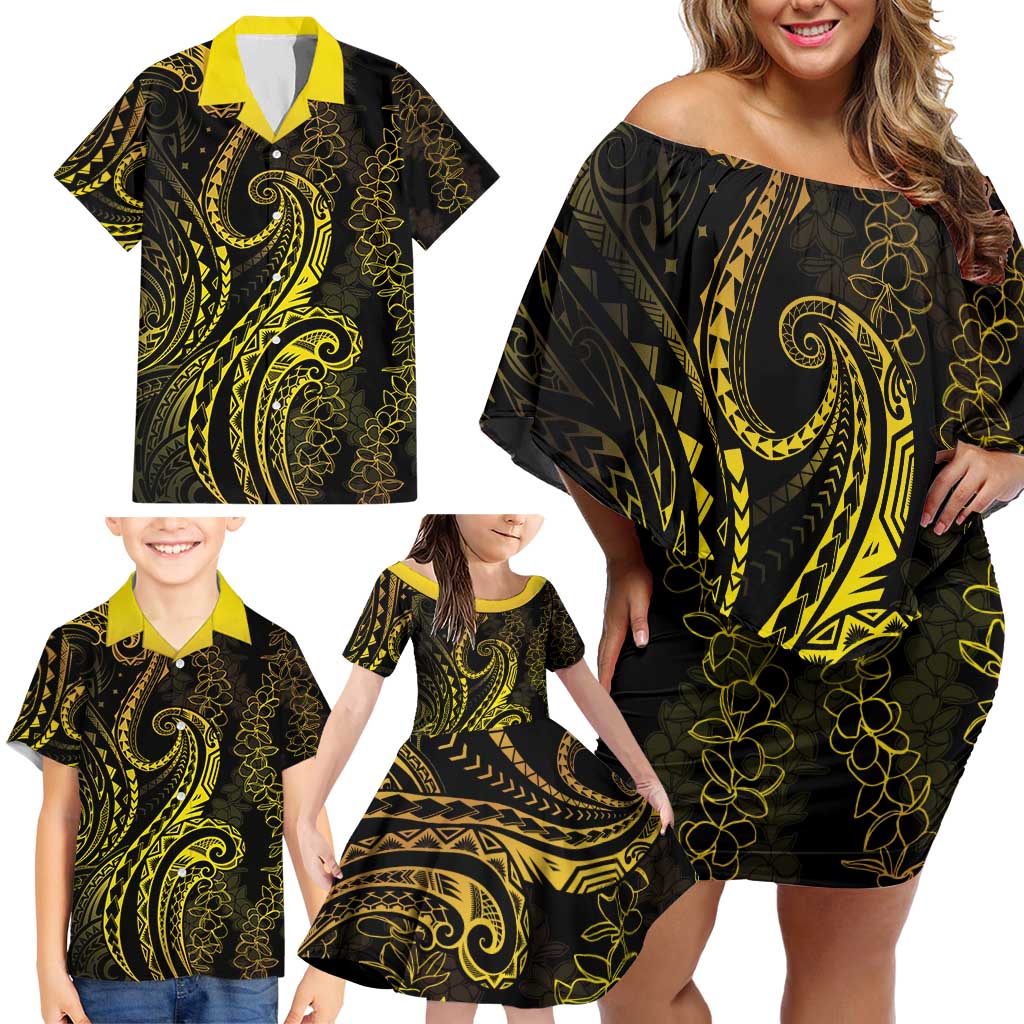 Polynesia Plumeria Lei Family Matching Off Shoulder Short Dress and Hawaiian Shirt Black Gold Curves Motif LT7 - Polynesian Pride