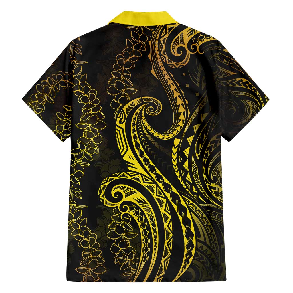 Polynesia Plumeria Lei Family Matching Off Shoulder Short Dress and Hawaiian Shirt Black Gold Curves Motif