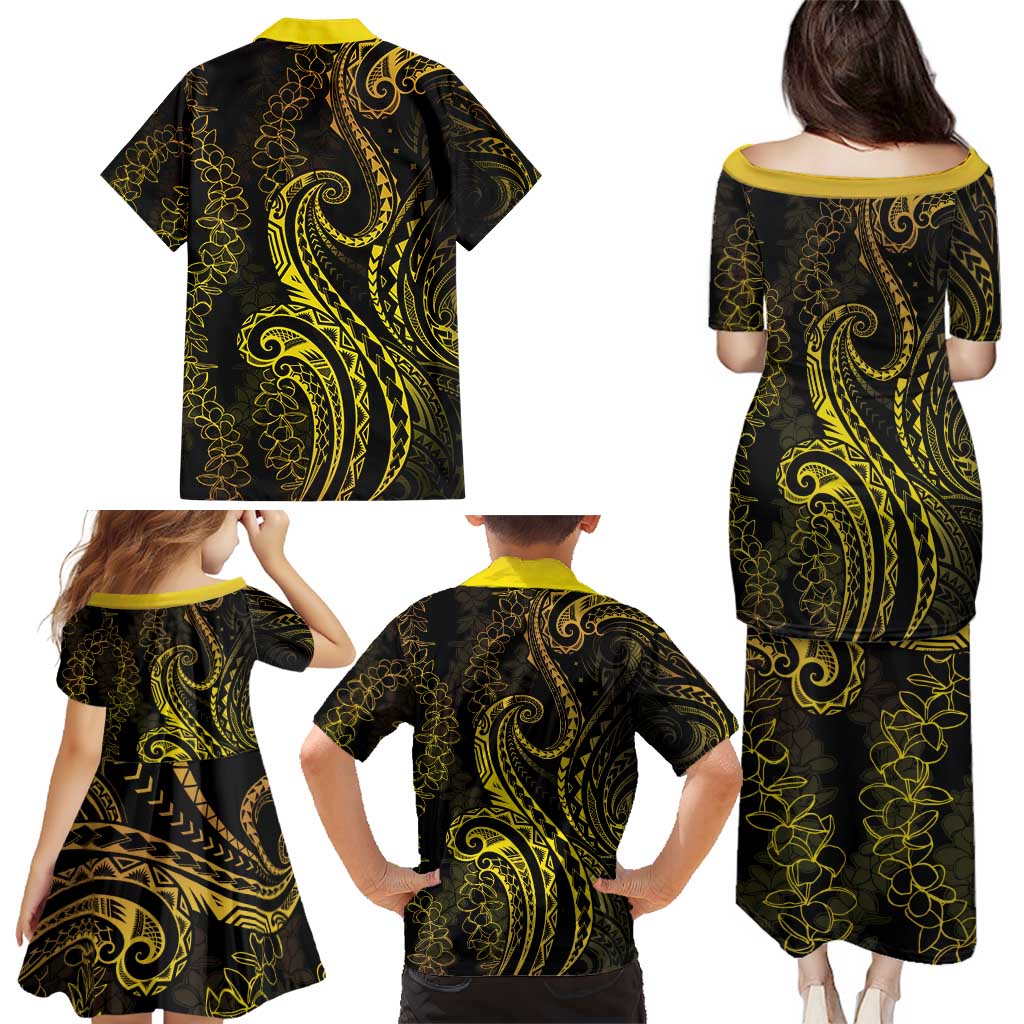 Polynesia Plumeria Lei Family Matching Puletasi and Hawaiian Shirt Black Gold Curves Motif