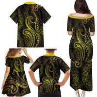 Polynesia Plumeria Lei Family Matching Puletasi and Hawaiian Shirt Black Gold Curves Motif