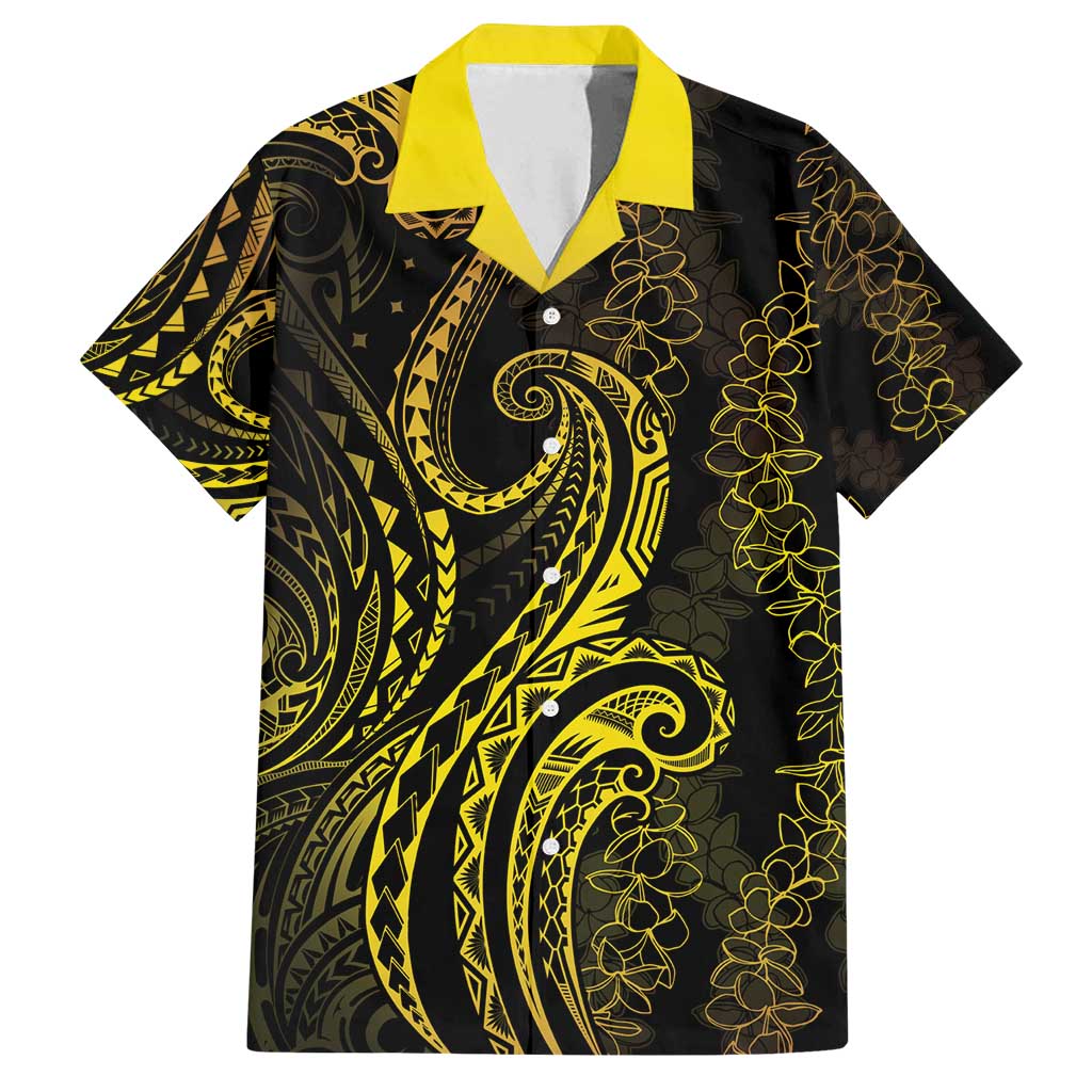 Polynesia Plumeria Lei Family Matching Puletasi and Hawaiian Shirt Black Gold Curves Motif