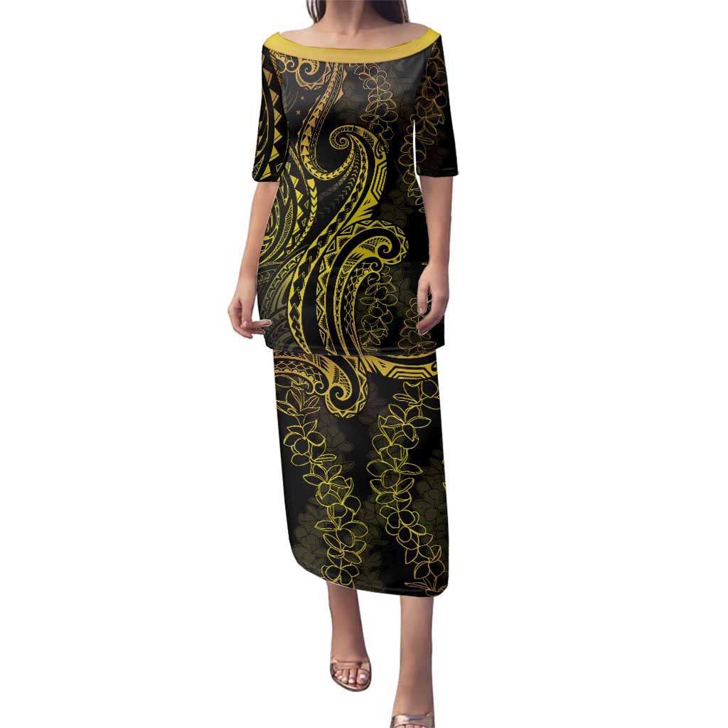 Polynesia Plumeria Lei Family Matching Puletasi and Hawaiian Shirt Black Gold Curves Motif