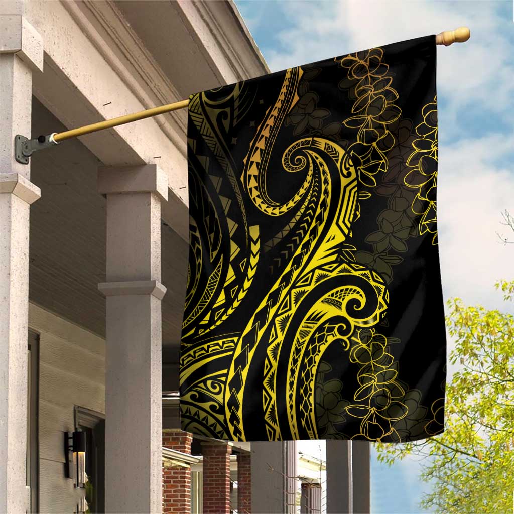 Polynesia Plumeria Lei Garden Flag Black Gold Curves Motif