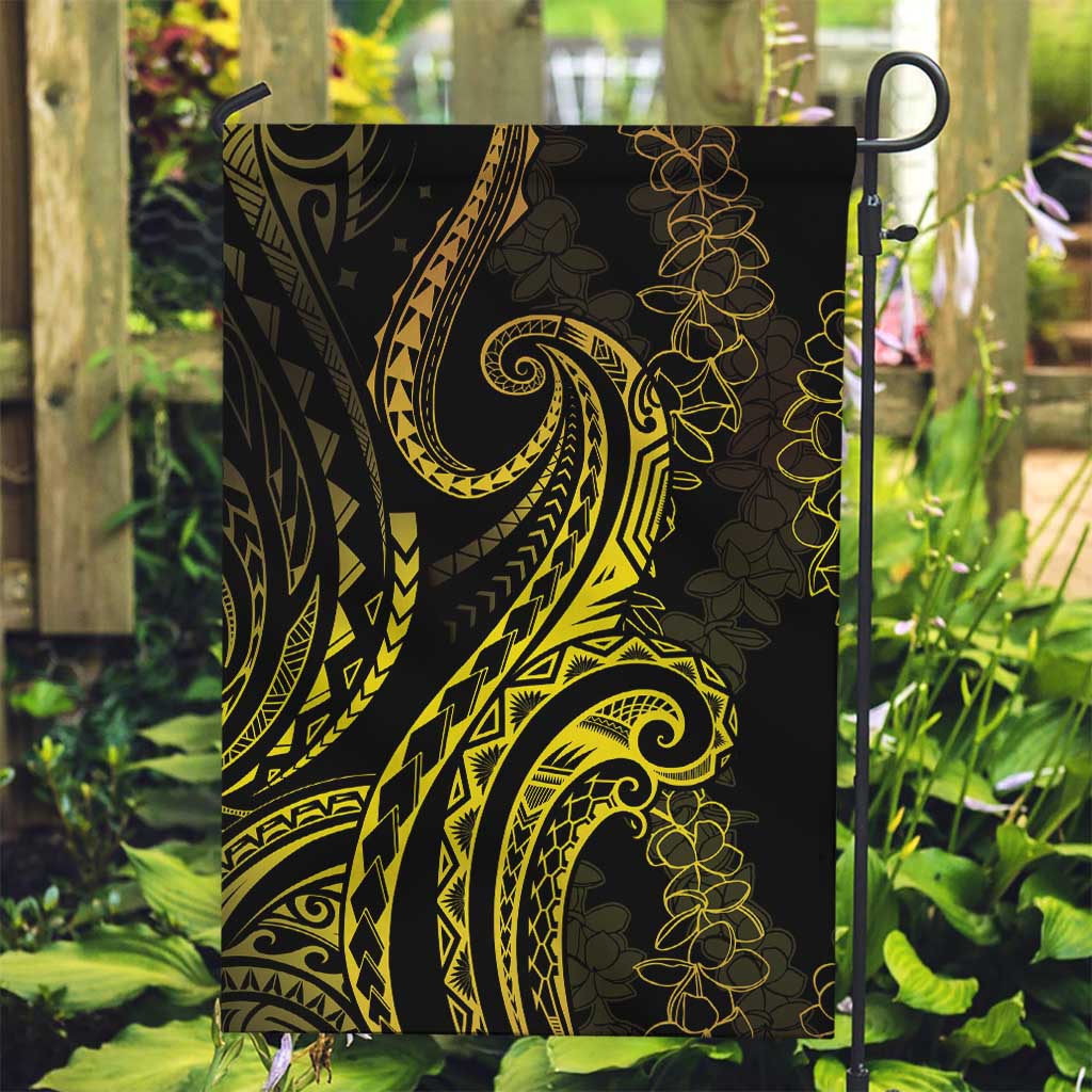 Polynesia Plumeria Lei Garden Flag Black Gold Curves Motif
