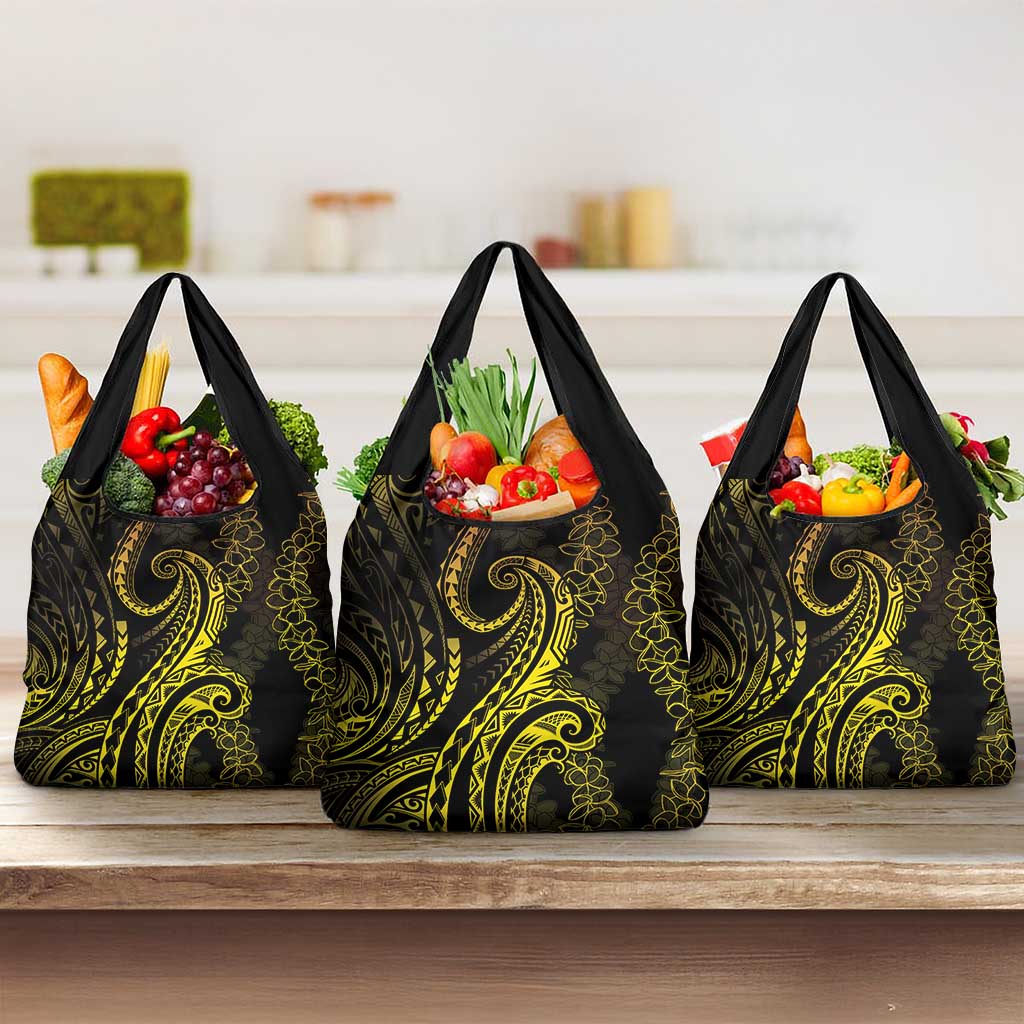 Polynesia Plumeria Lei Grocery Bag Black Gold Curves Motif LT7 3-pack One Size Gold - Polynesian Pride