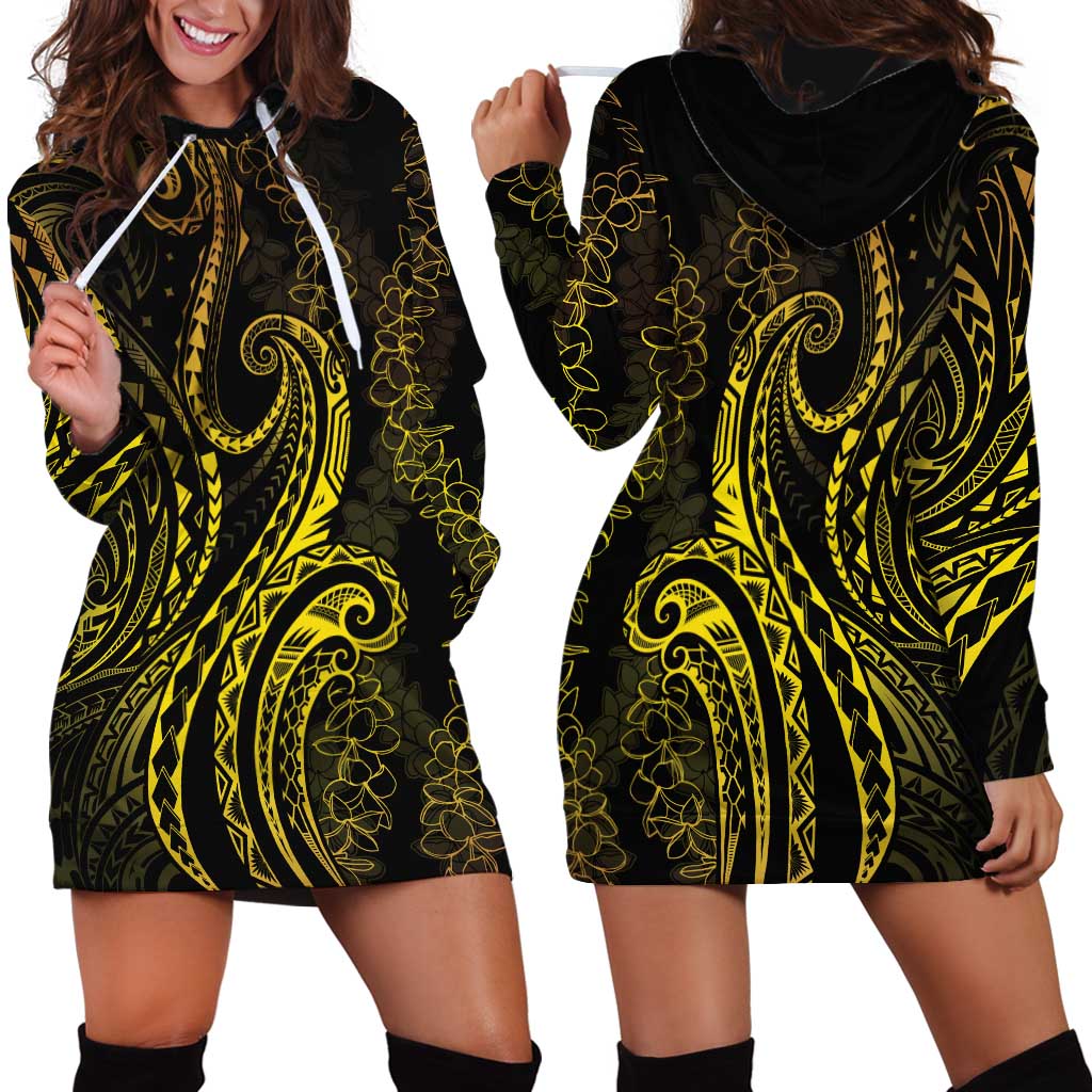 Polynesia Plumeria Lei Hoodie Dress Black Gold Curves Motif