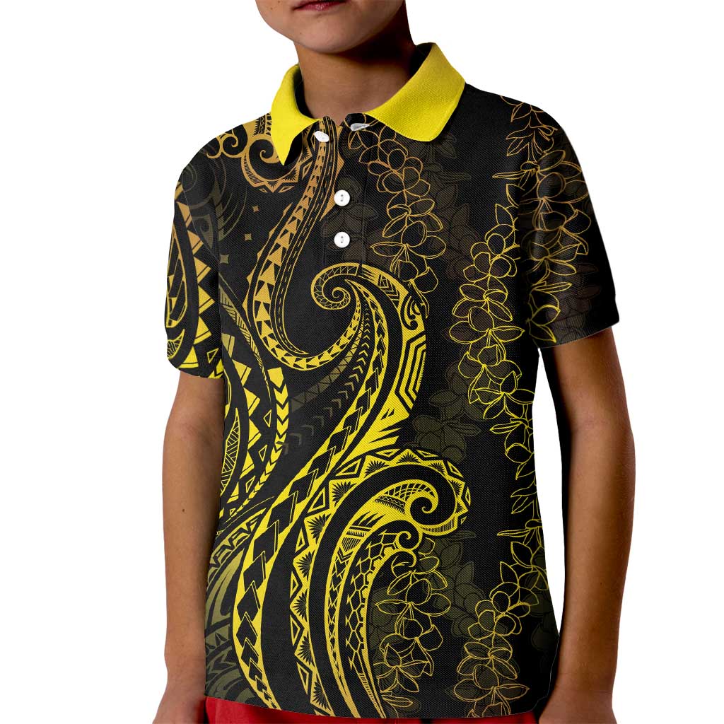 Polynesia Plumeria Lei Kid Polo Shirt Black Gold Curves Motif