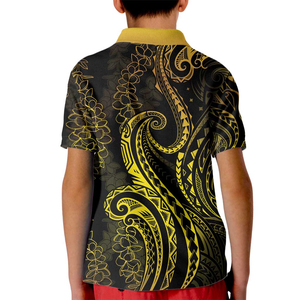 Polynesia Plumeria Lei Kid Polo Shirt Black Gold Curves Motif