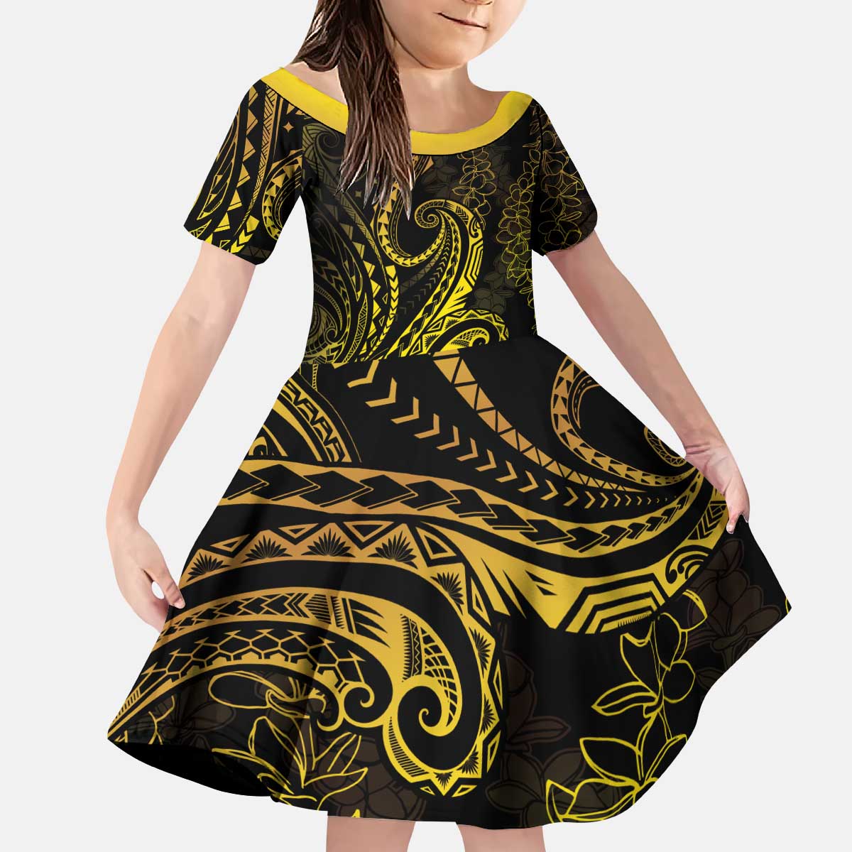Polynesia Plumeria Lei Kid Short Sleeve Dress Black Gold Curves Motif LT7 KID Gold - Polynesian Pride