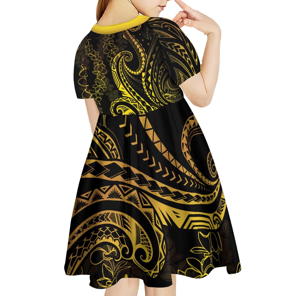 Polynesia Plumeria Lei Kid Short Sleeve Dress Black Gold Curves Motif LT7 - Polynesian Pride