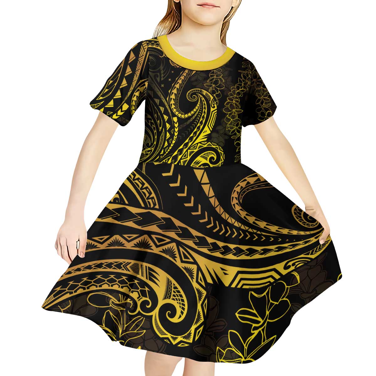 Polynesia Plumeria Lei Kid Short Sleeve Dress Black Gold Curves Motif LT7 - Polynesian Pride