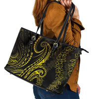 Polynesia Plumeria Lei Leather Tote Bag Black Gold Curves Motif
