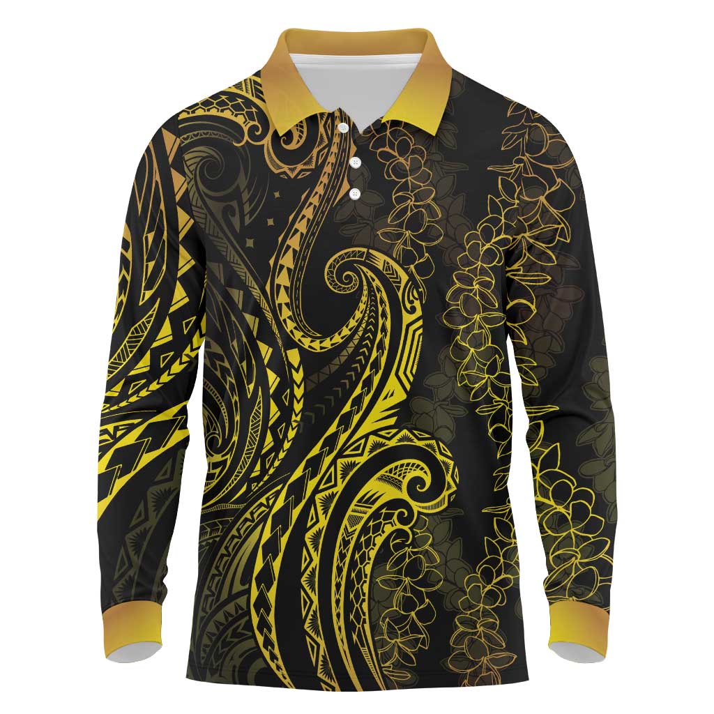 Polynesia Plumeria Lei Long Sleeve Polo Shirt Black Gold Curves Motif
