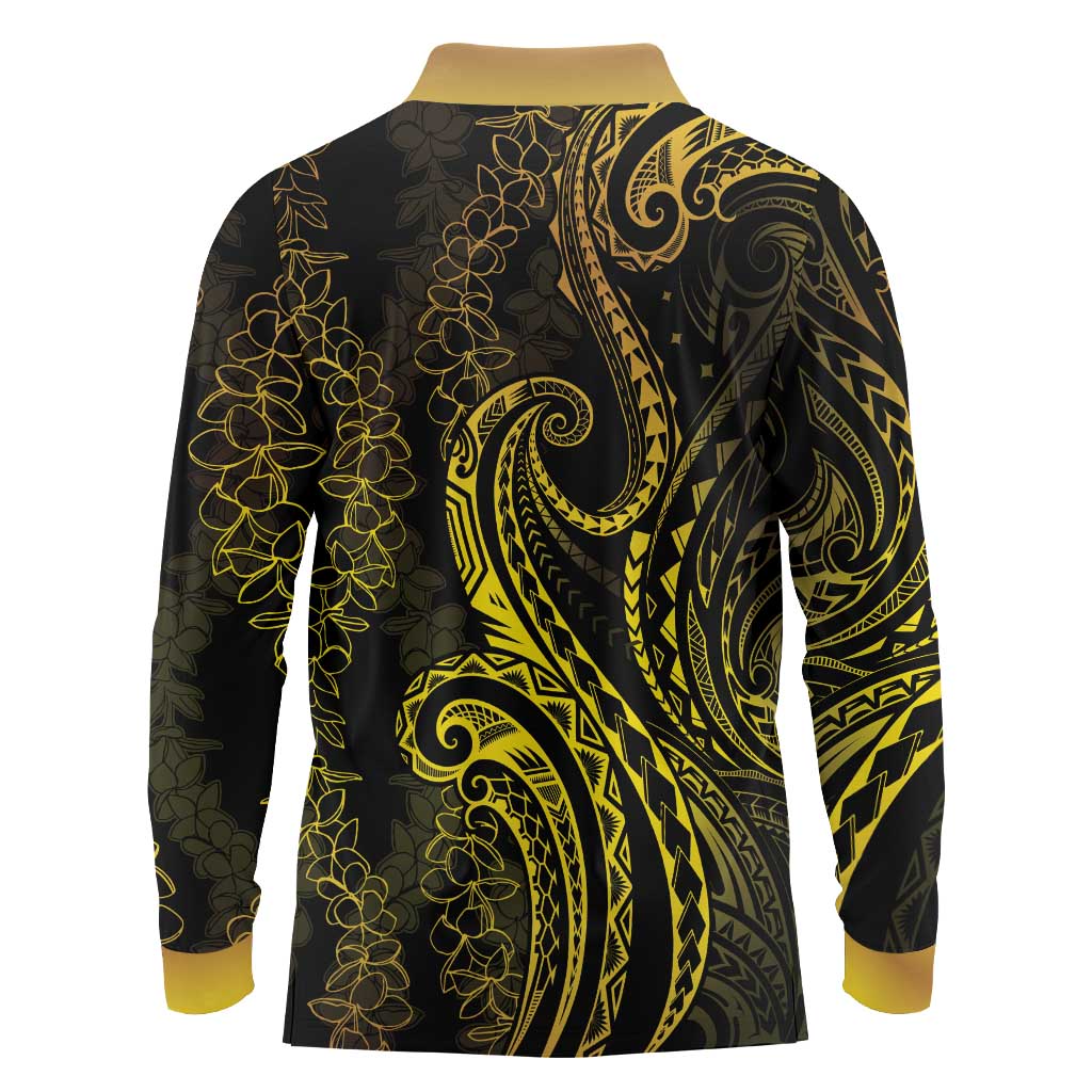 Polynesia Plumeria Lei Long Sleeve Polo Shirt Black Gold Curves Motif