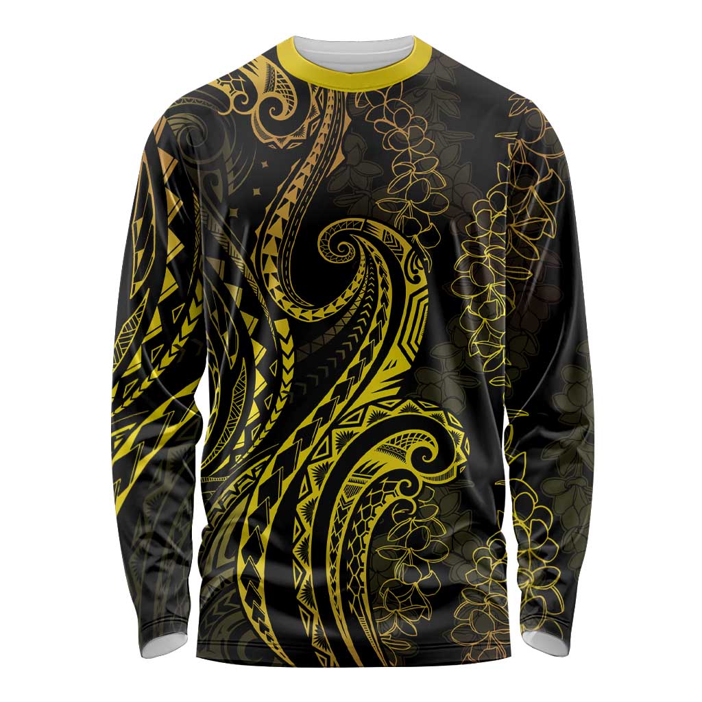 Polynesia Plumeria Lei Long Sleeve Shirt Black Gold Curves Motif LT7 Unisex Gold - Polynesian Pride