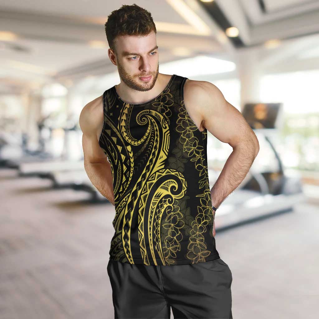 Polynesia Plumeria Lei Men Tank Top Black Gold Curves Motif LT7 Gold - Polynesian Pride