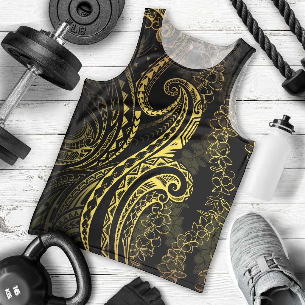 Polynesia Plumeria Lei Men Tank Top Black Gold Curves Motif LT7 - Polynesian Pride