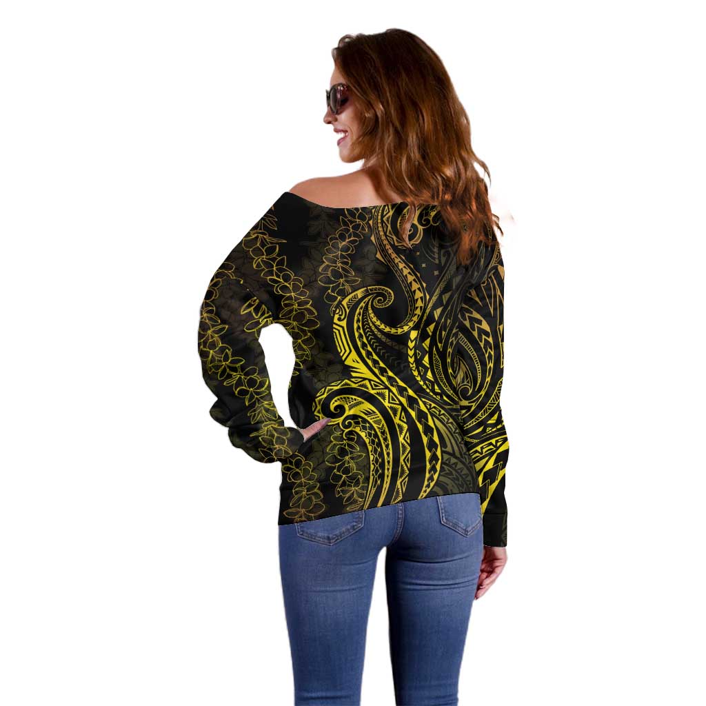 Polynesia Plumeria Lei Off Shoulder Sweater Black Gold Curves Motif