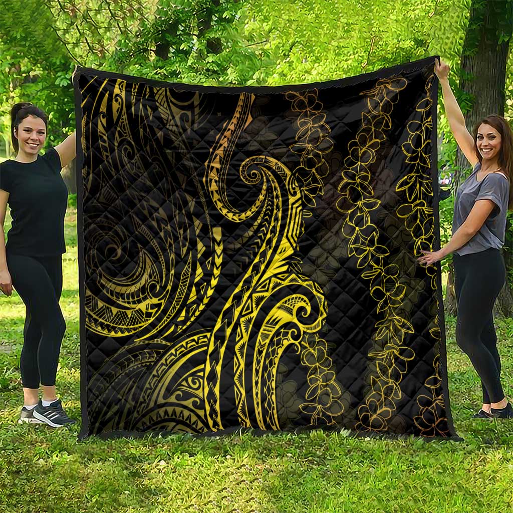 Polynesia Plumeria Lei Quilt Black Gold Curves Motif