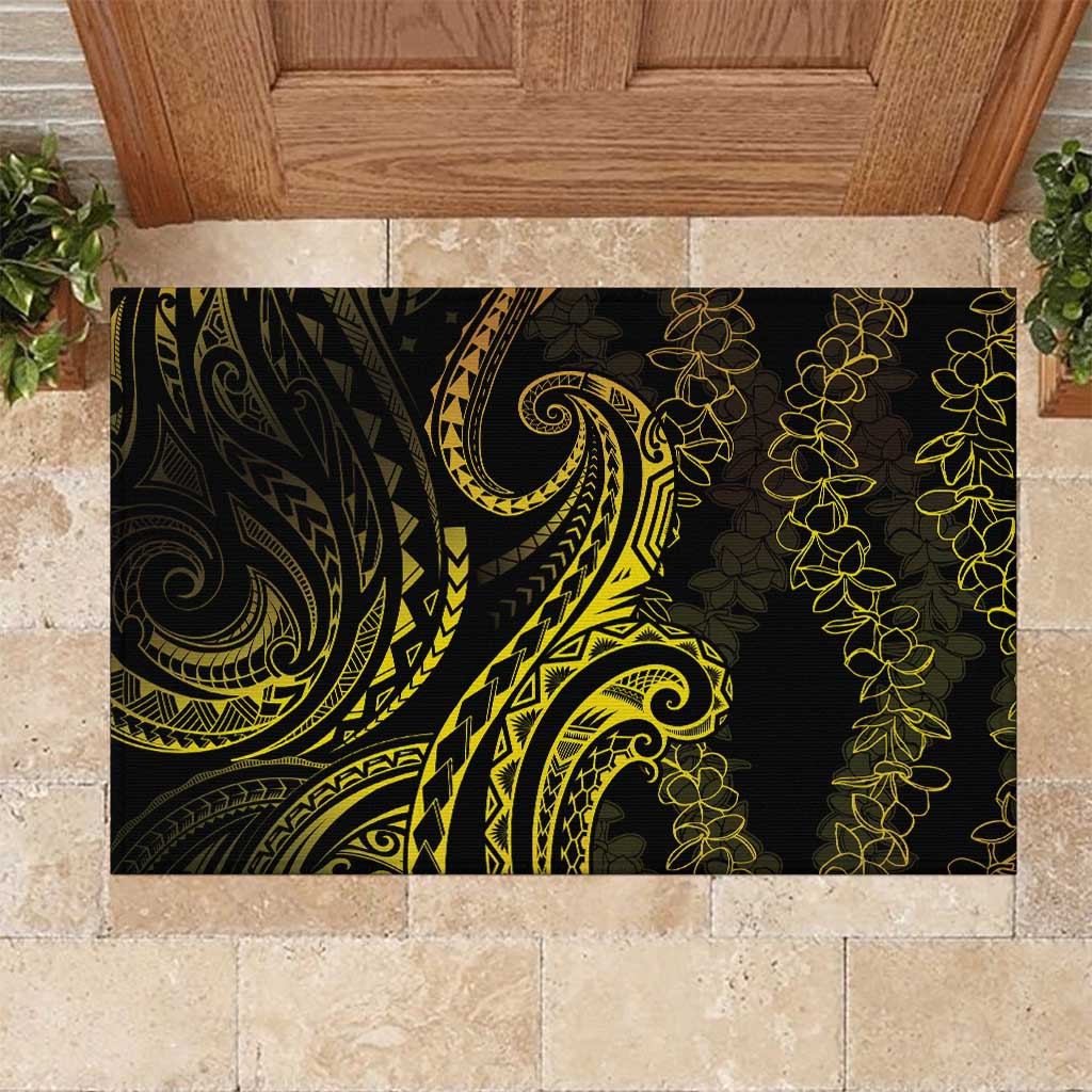 Polynesia Plumeria Lei Rubber Doormat Black Gold Curves Motif LT7 Gold - Polynesian Pride