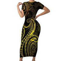 Polynesia Plumeria Lei Short Sleeve Bodycon Dress Black Gold Curves Motif