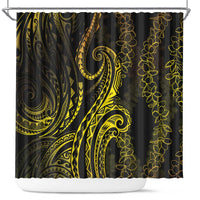 Polynesia Plumeria Lei Shower Curtain Black Gold Curves Motif