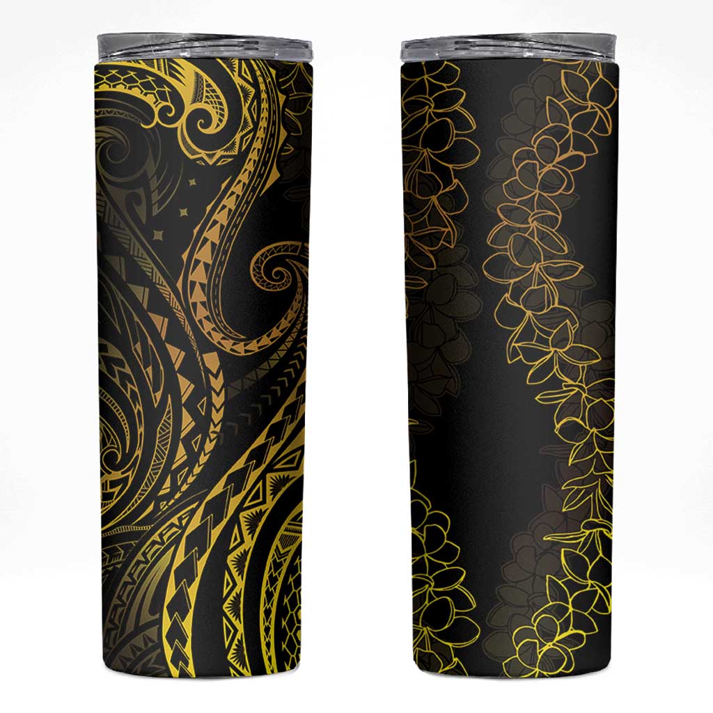 Polynesia Plumeria Lei Skinny Tumbler Black Gold Curves Motif