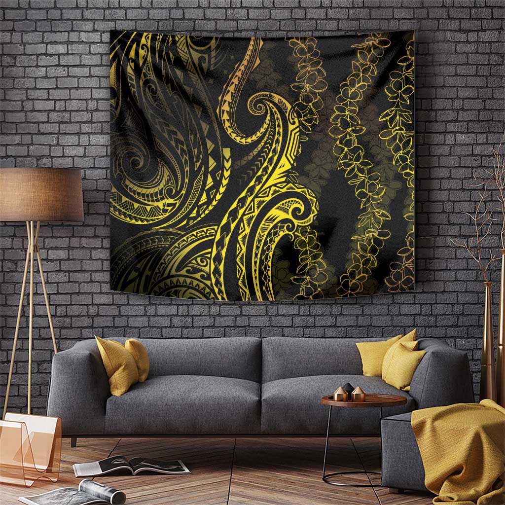 Polynesia Plumeria Lei Tapestry Black Gold Curves Motif