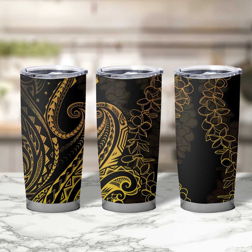 Polynesia Plumeria Lei Tumbler Cup Black Gold Curves Motif