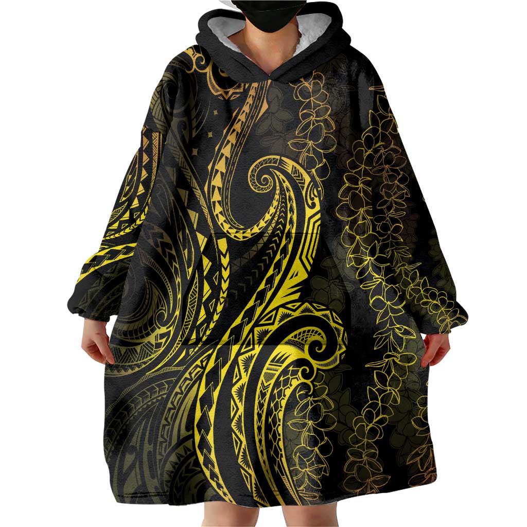 Polynesia Plumeria Lei Wearable Blanket Hoodie Black Gold Curves Motif LT7 - Polynesian Pride
