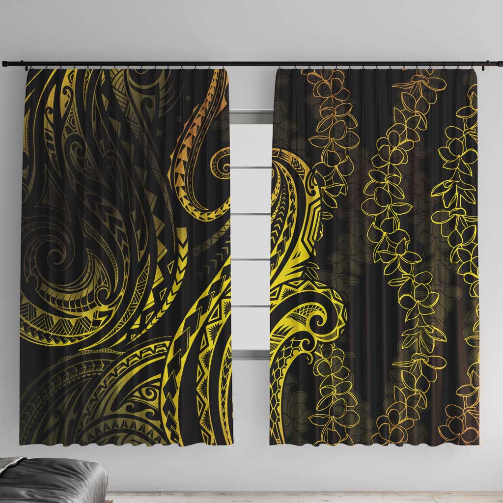 Polynesia Plumeria Lei Window Curtain Black Gold Curves Motif