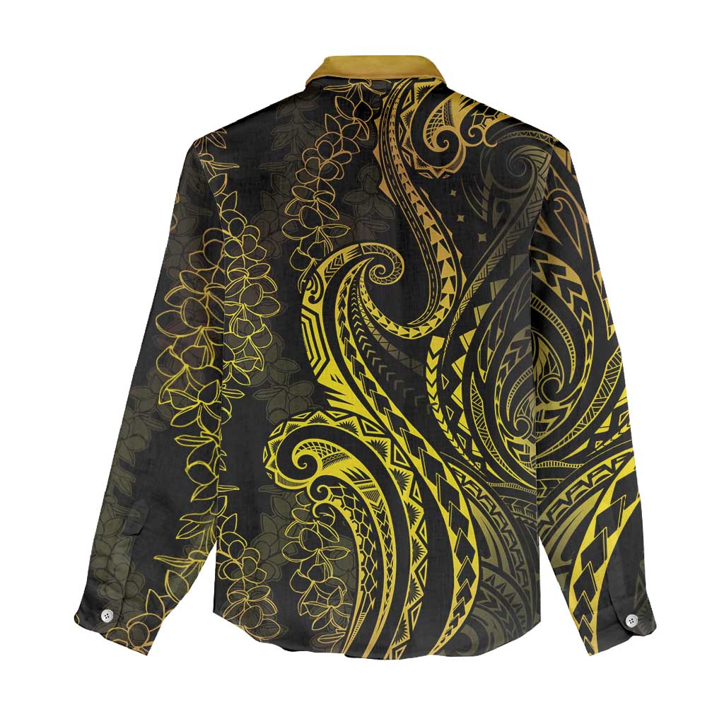 Polynesia Plumeria Lei Women Casual Shirt Black Gold Curves Motif