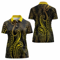 Polynesia Plumeria Lei Women Polo Shirt Black Gold Curves Motif