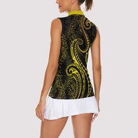 Polynesia Plumeria Lei Women Sleeveless Polo Shirt Black Gold Curves Motif