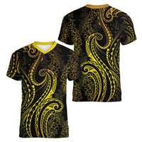 Polynesia Plumeria Lei Women V-Neck T-Shirt Black Gold Curves Motif