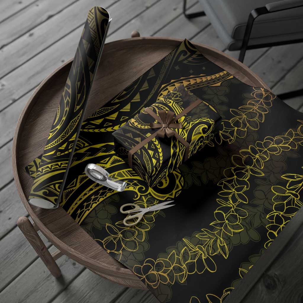 Polynesia Plumeria Lei Wrapping Paper Black Gold Curves Motif