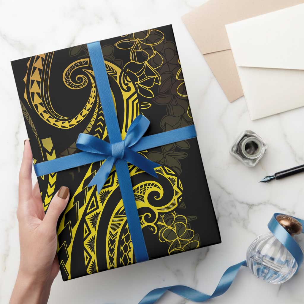 Polynesia Plumeria Lei Wrapping Paper Black Gold Curves Motif