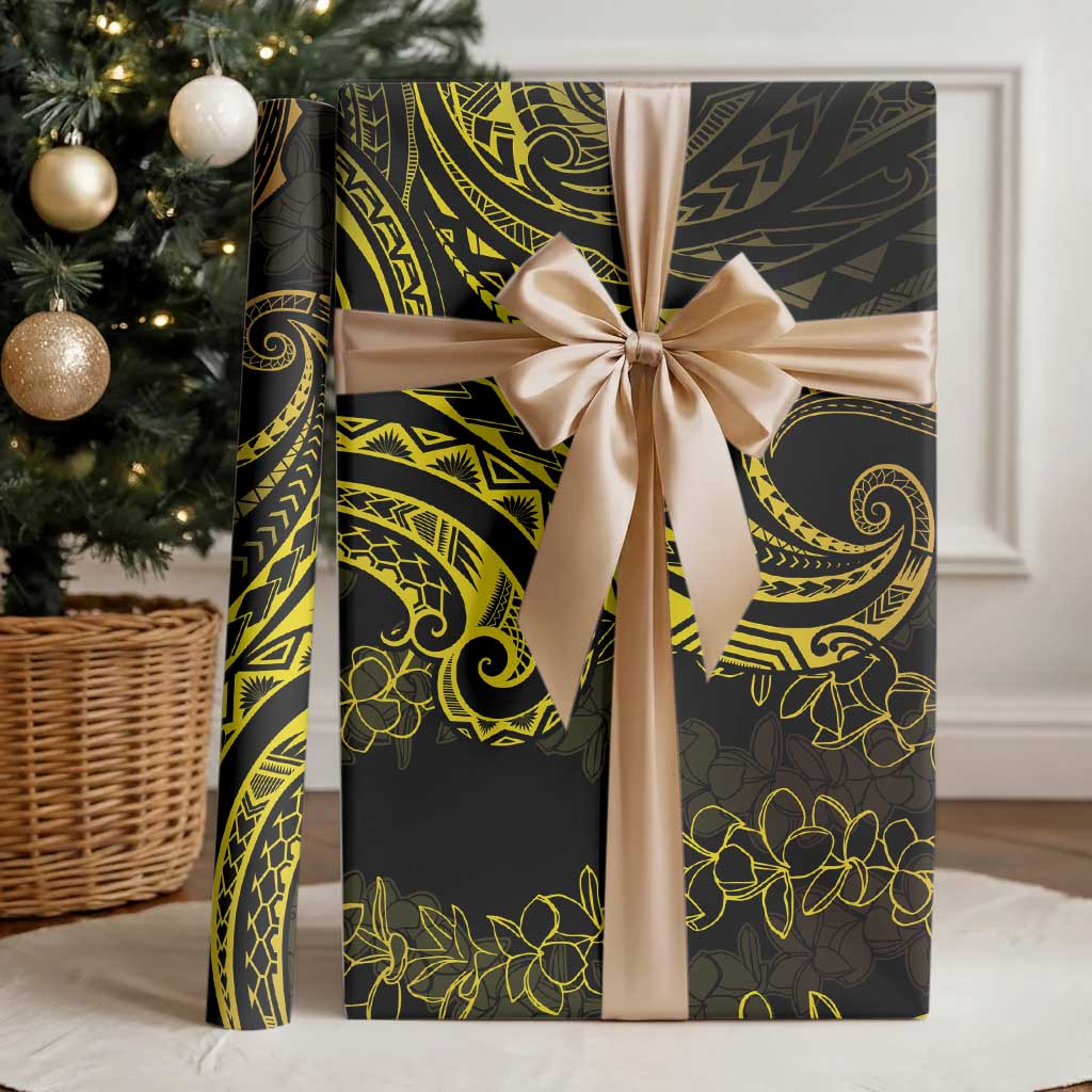 Polynesia Plumeria Lei Wrapping Paper Black Gold Curves Motif