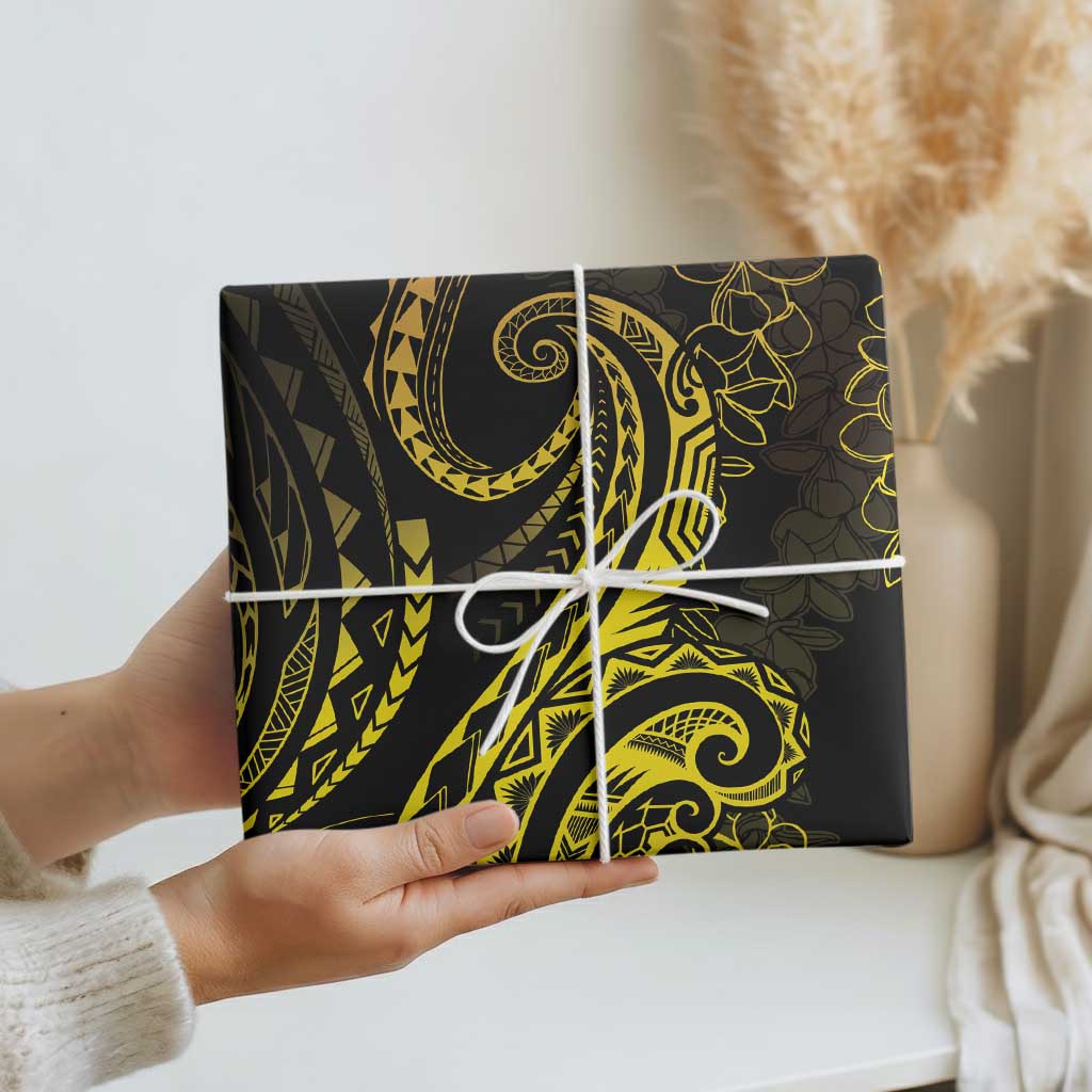 Polynesia Plumeria Lei Wrapping Paper Black Gold Curves Motif
