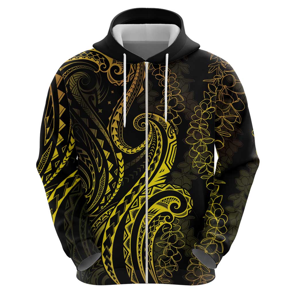 Polynesia Plumeria Lei Zip Hoodie Black Gold Curves Motif