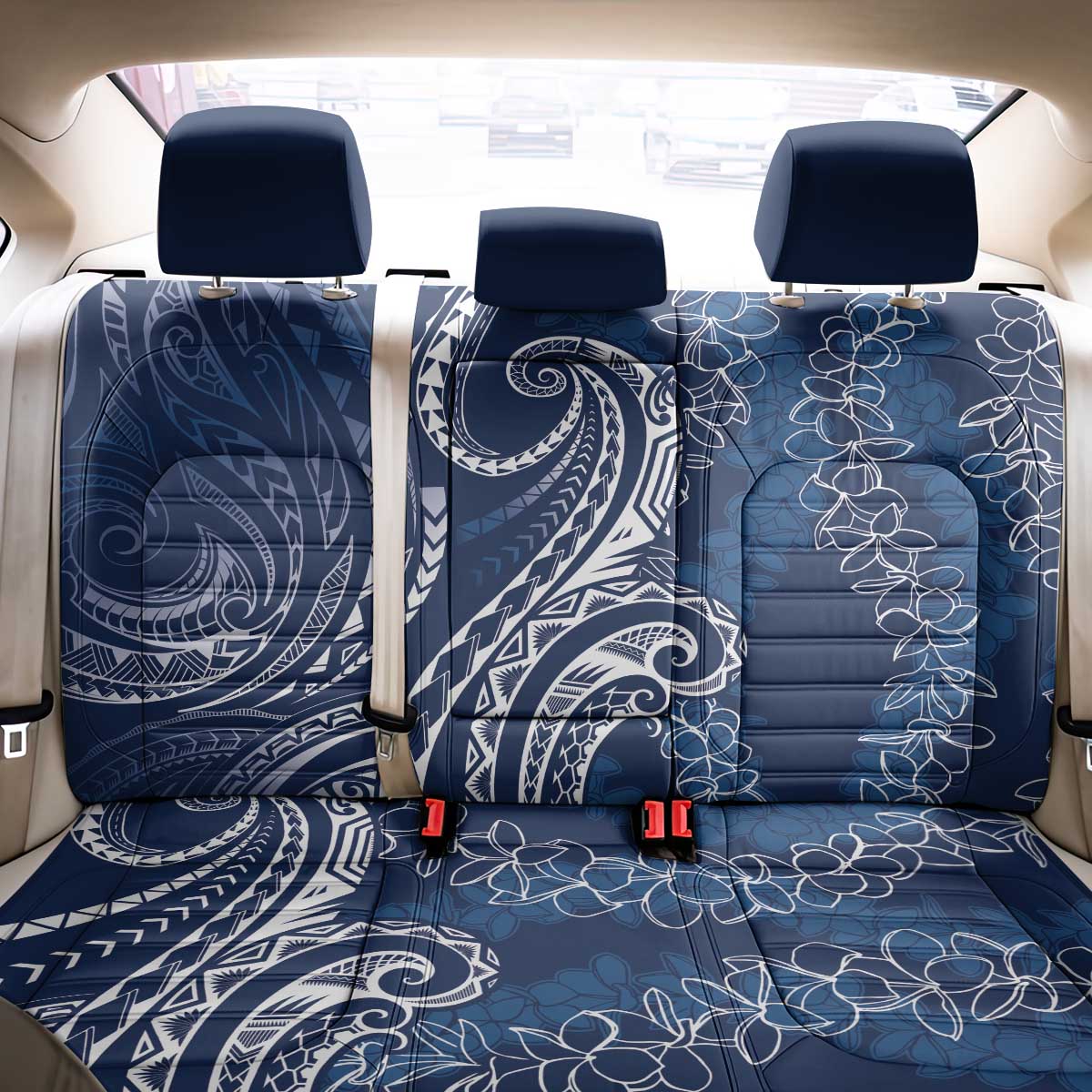 Polynesia Plumeria Lei Back Car Seat Cover Navy Blue Curves Motif
