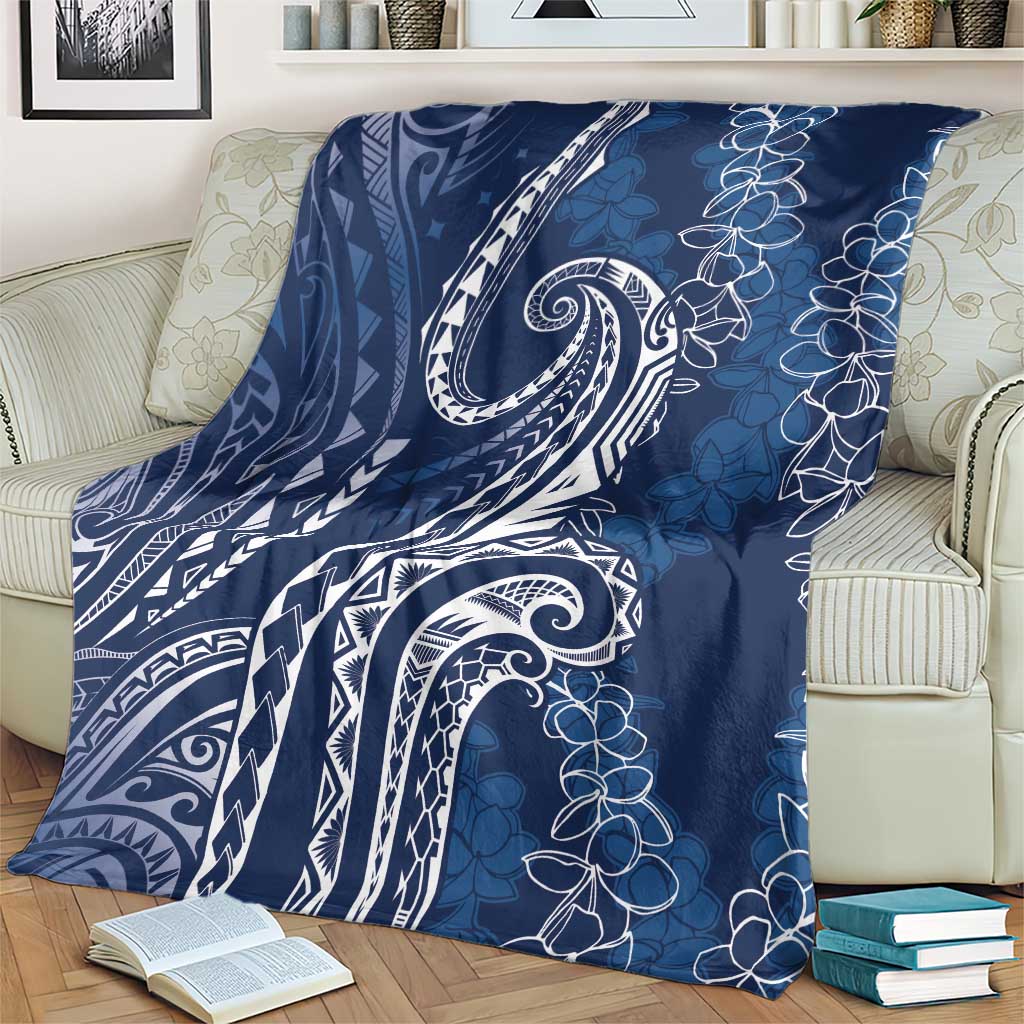 Polynesia Plumeria Lei Blanket Navy Blue Curves Motif