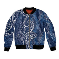 Polynesia Plumeria Lei Bomber Jacket Navy Blue Curves Motif