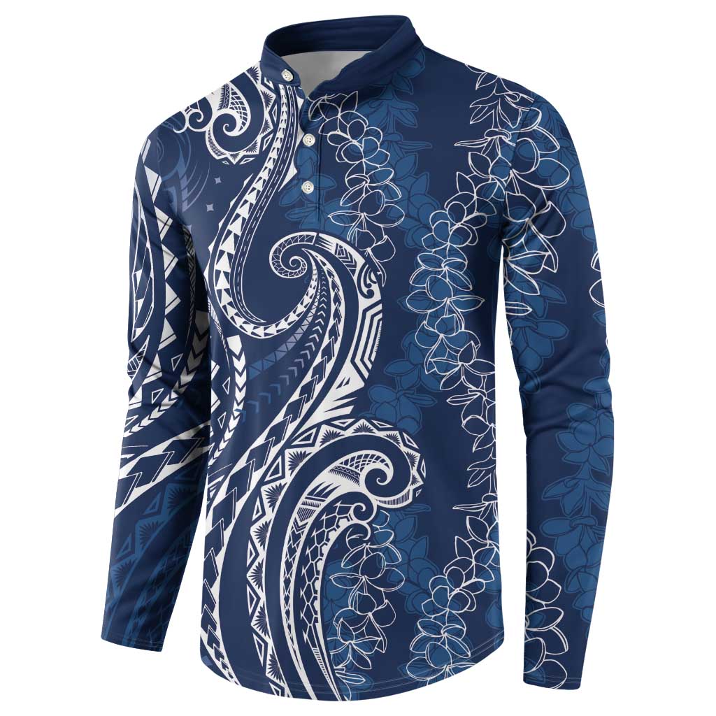 Polynesia Plumeria Lei Button Sweatshirt Navy Blue Curves Motif LT7 - Polynesian Pride