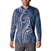 Polynesia Plumeria Lei Button Sweatshirt Navy Blue Curves Motif LT7 - Polynesian Pride