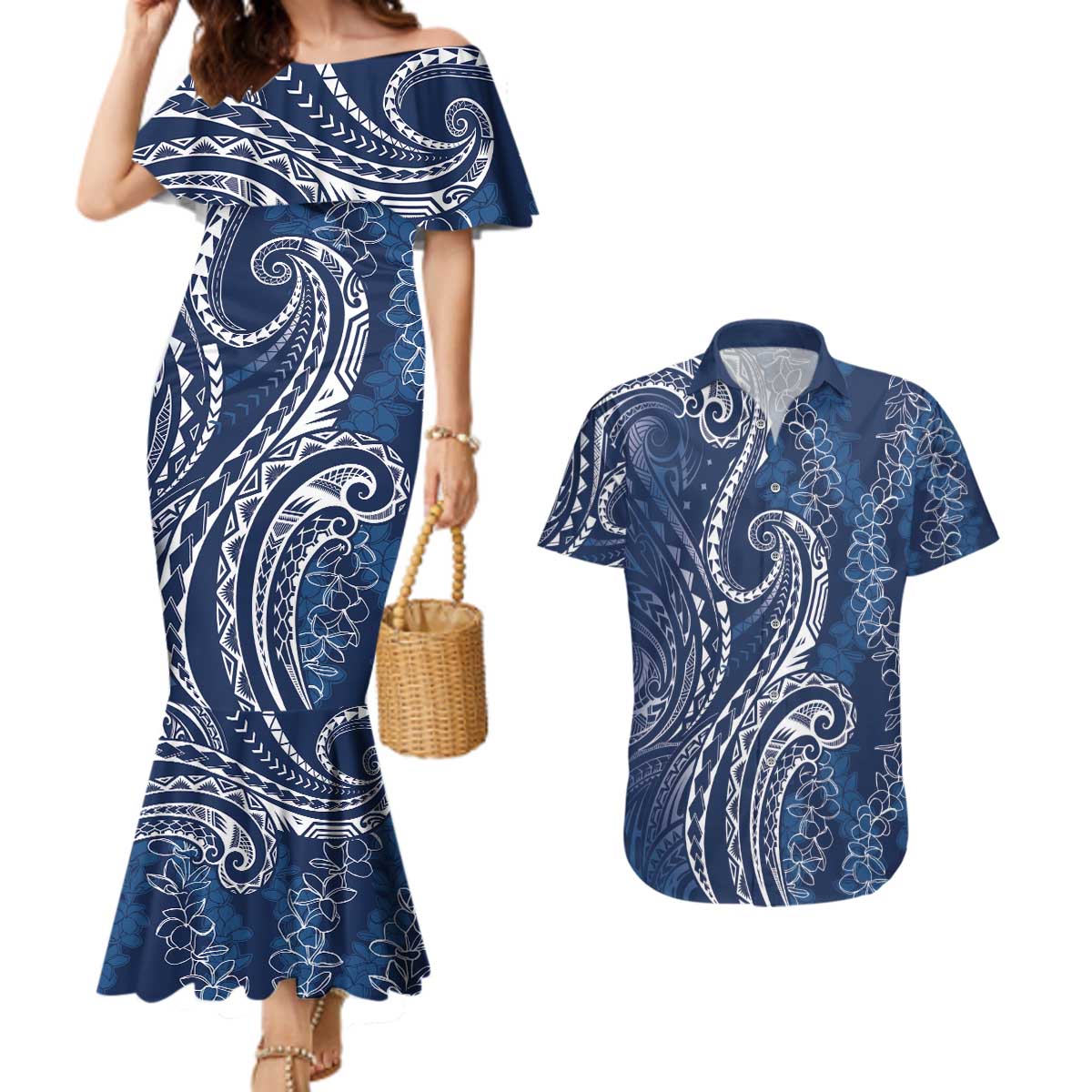 Polynesia Plumeria Lei Couples Matching Mermaid Dress and Hawaiian Shirt Navy Blue Curves Motif LT7 Navy Blue - Polynesian Pride