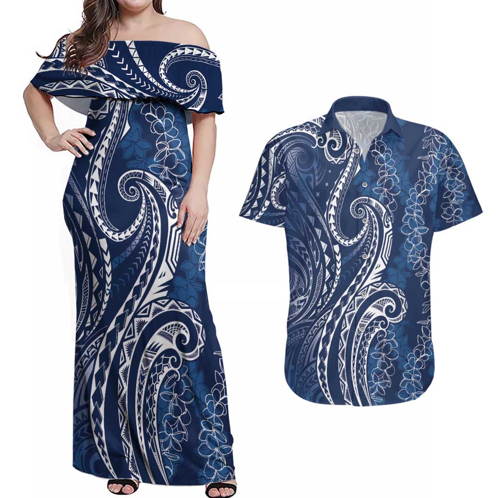 Polynesia Plumeria Lei Couples Matching Off Shoulder Maxi Dress and Hawaiian Shirt Navy Blue Curves Motif